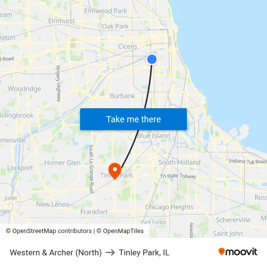 Western & Archer (North) to Tinley Park, IL map