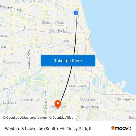 Western & Lawrence (South) to Tinley Park, IL map