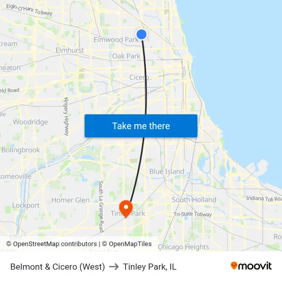 Belmont & Cicero (West) to Tinley Park, IL map