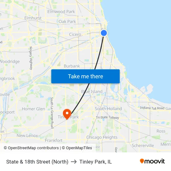 State & 18th Street (North) to Tinley Park, IL map