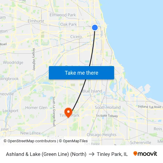 Ashland & Lake (Green Line) (North) to Tinley Park, IL map