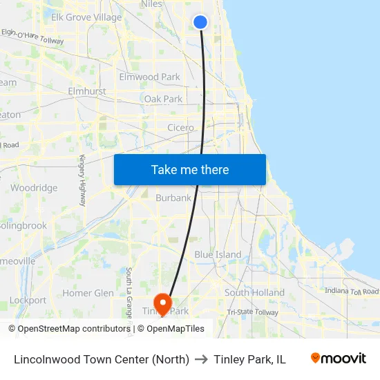 Lincolnwood Town Center (North) to Tinley Park, IL map