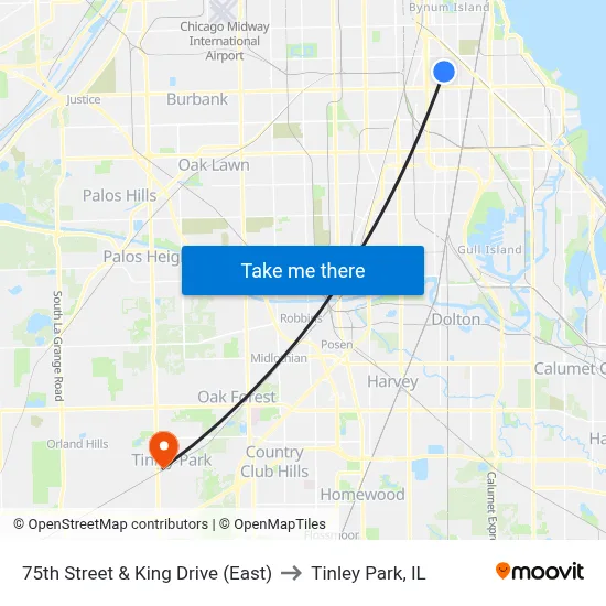 75th Street & King Drive (East) to Tinley Park, IL map