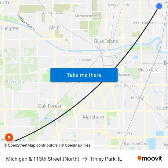 Michigan & 113th Street (North) to Tinley Park, IL map