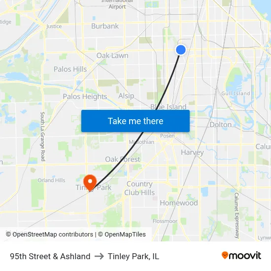 95th Street & Ashland to Tinley Park, IL map