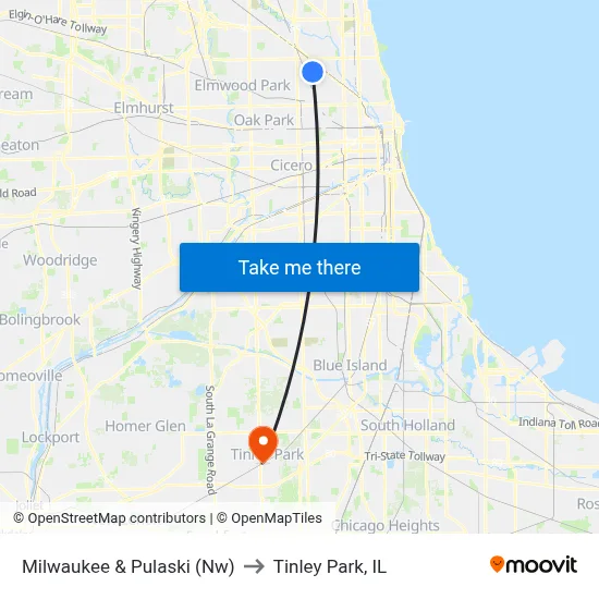 Milwaukee & Pulaski (Nw) to Tinley Park, IL map