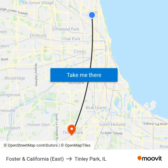 Foster & California (East) to Tinley Park, IL map