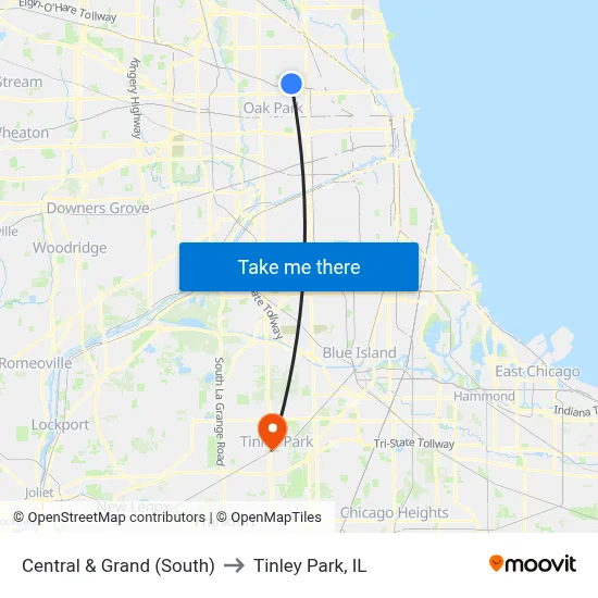 Central & Grand (South) to Tinley Park, IL map