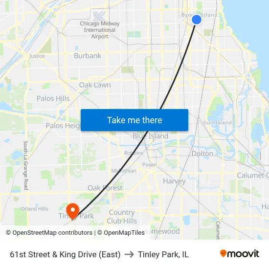 61st Street & King Drive (East) to Tinley Park, IL map