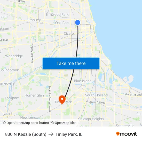 830 N Kedzie (South) to Tinley Park, IL map