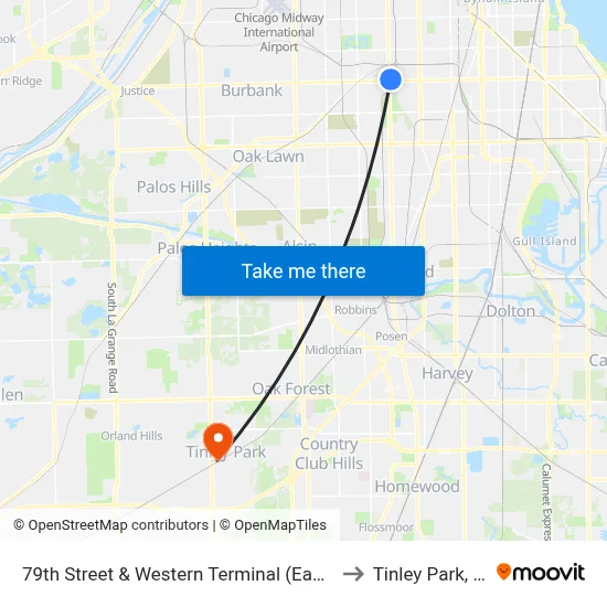 79th Street & Western Terminal (East) to Tinley Park, IL map