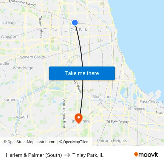 Harlem & Palmer (South) to Tinley Park, IL map