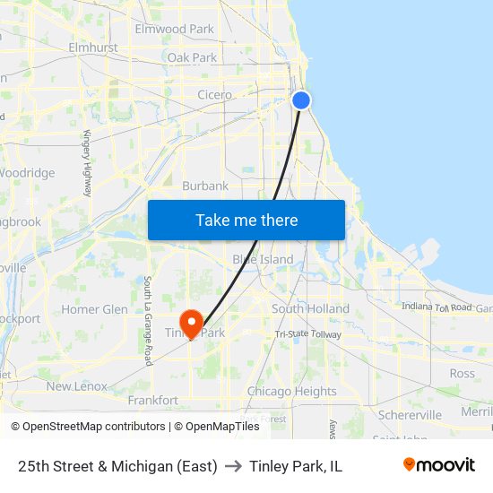 25th Street & Michigan (East) to Tinley Park, IL map