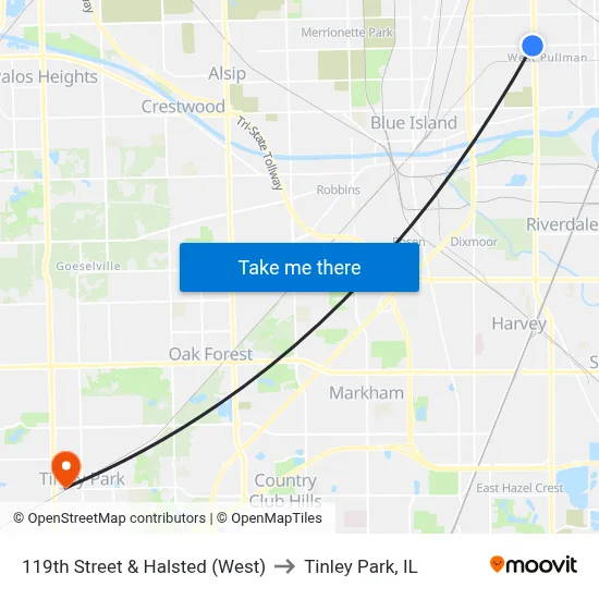 119th Street & Halsted (West) to Tinley Park, IL map