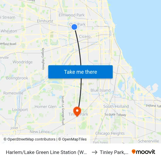 Harlem/Lake Green Line Station (West) to Tinley Park, IL map
