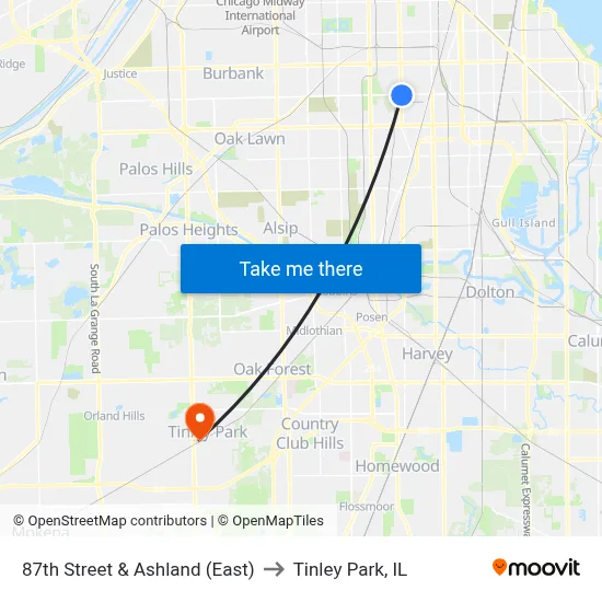 87th Street & Ashland (East) to Tinley Park, IL map
