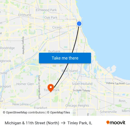 Michigan & 11th Street (North) to Tinley Park, IL map