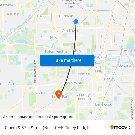 Cicero & 87th Street (North) to Tinley Park, IL map