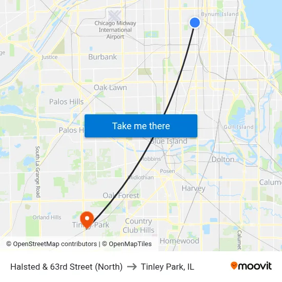 Halsted & 63rd Street (North) to Tinley Park, IL map
