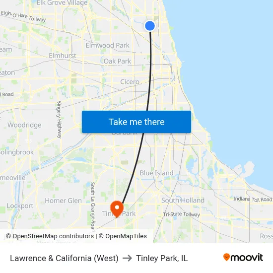 Lawrence & California (West) to Tinley Park, IL map