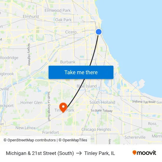 Michigan & 21st Street (South) to Tinley Park, IL map