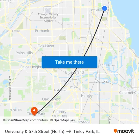 University & 57th Street (North) to Tinley Park, IL map