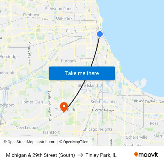 Michigan & 29th Street (South) to Tinley Park, IL map