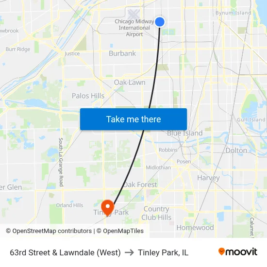 63rd Street & Lawndale (West) to Tinley Park, IL map