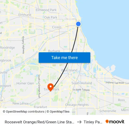 Roosevelt Orange/Red/Green Line Station (West) to Tinley Park, IL map
