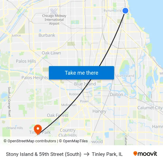 Stony Island & 59th Street (South) to Tinley Park, IL map