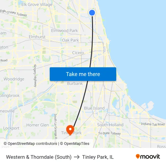 Western & Thorndale (South) to Tinley Park, IL map