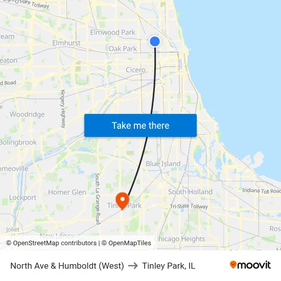 North Ave & Humboldt (West) to Tinley Park, IL map