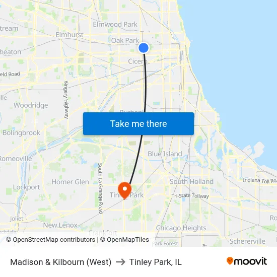 Madison & Kilbourn (West) to Tinley Park, IL map