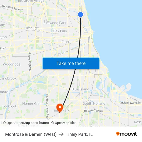 Montrose & Damen (West) to Tinley Park, IL map