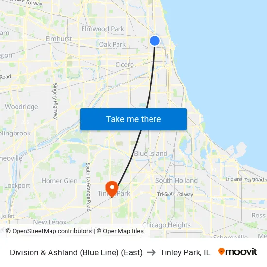 Division & Ashland (Blue Line) (East) to Tinley Park, IL map