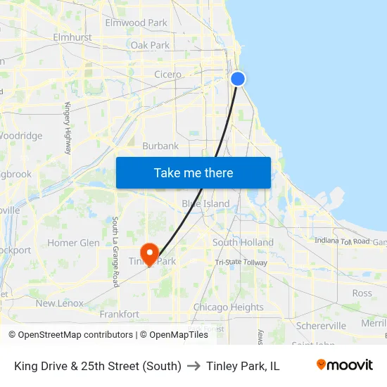 King Drive & 25th Street (South) to Tinley Park, IL map