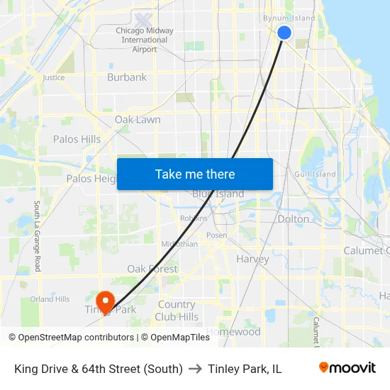 King Drive & 64th Street (South) to Tinley Park, IL map