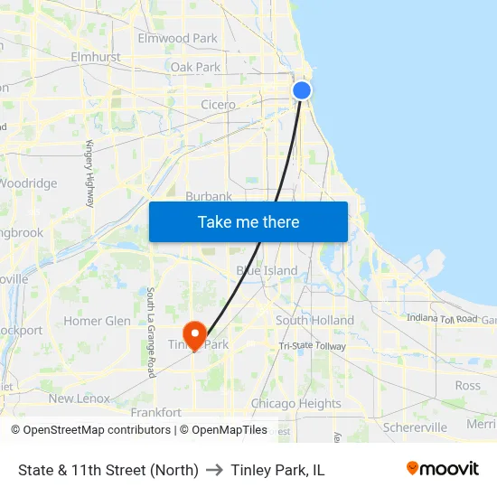 State & 11th Street (North) to Tinley Park, IL map