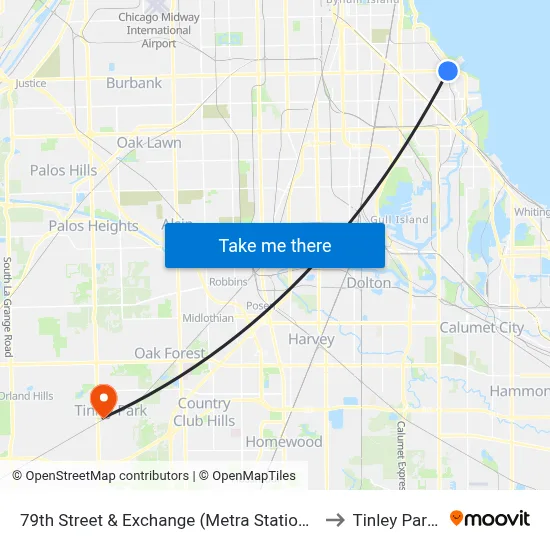 79th Street & Exchange (Metra Station) (West) to Tinley Park, IL map
