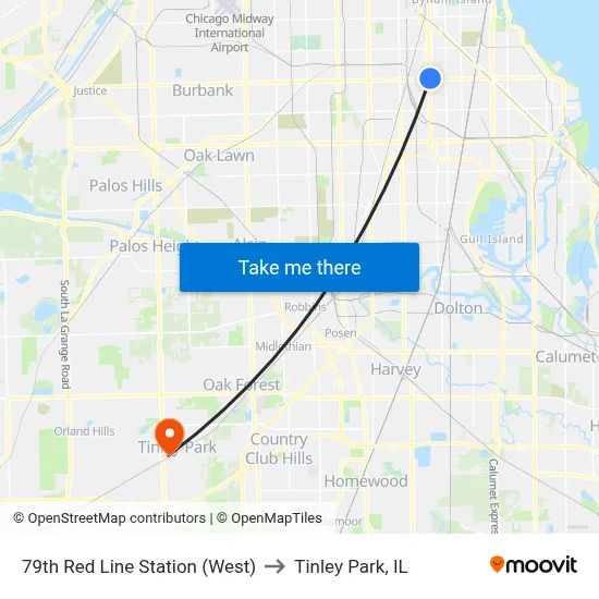 79th Red Line Station (West) to Tinley Park, IL map