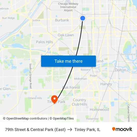 79th Street & Central Park (East) to Tinley Park, IL map