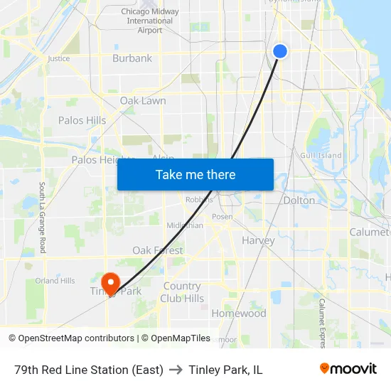 79th Red Line Station (East) to Tinley Park, IL map