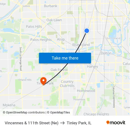 Vincennes & 111th Street (Ne) to Tinley Park, IL map