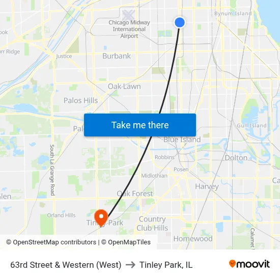 63rd Street & Western (West) to Tinley Park, IL map