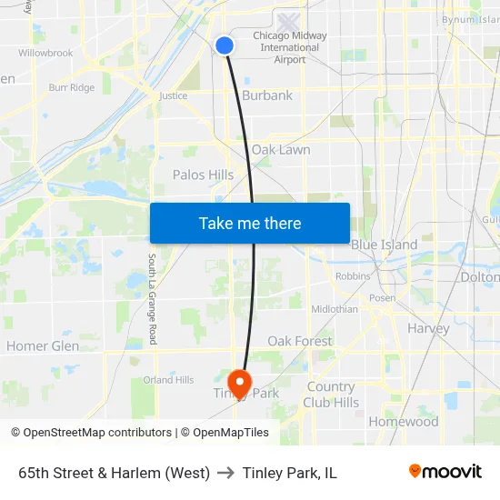65th Street & Harlem (West) to Tinley Park, IL map