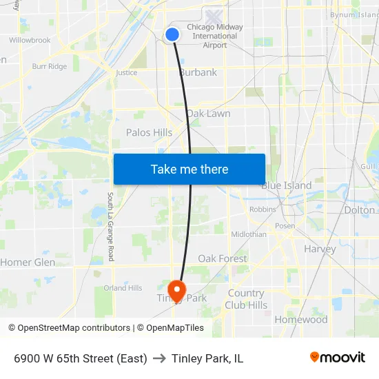 6900 W 65th Street (East) to Tinley Park, IL map