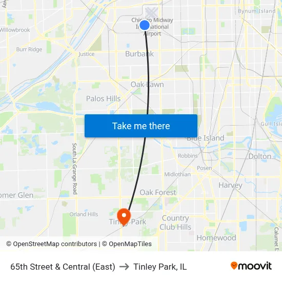 65th Street & Central (East) to Tinley Park, IL map