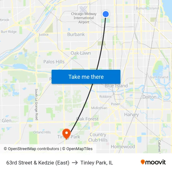 63rd Street & Kedzie (East) to Tinley Park, IL map