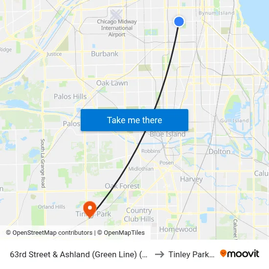 63rd Street & Ashland (Green Line) (East) to Tinley Park, IL map
