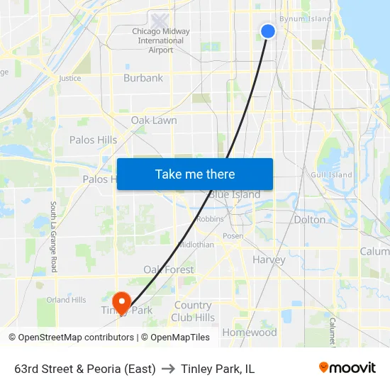 63rd Street & Peoria (East) to Tinley Park, IL map